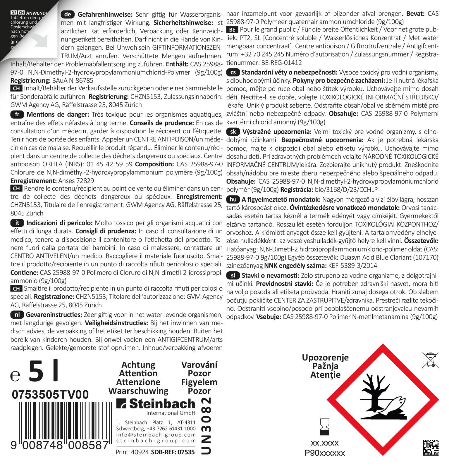 Steinbach | Poolpflege Algezid flüssig | 10l | wirksame Algenbekämpfung | kristallklares Wasser | ideal für Poolliebhaber