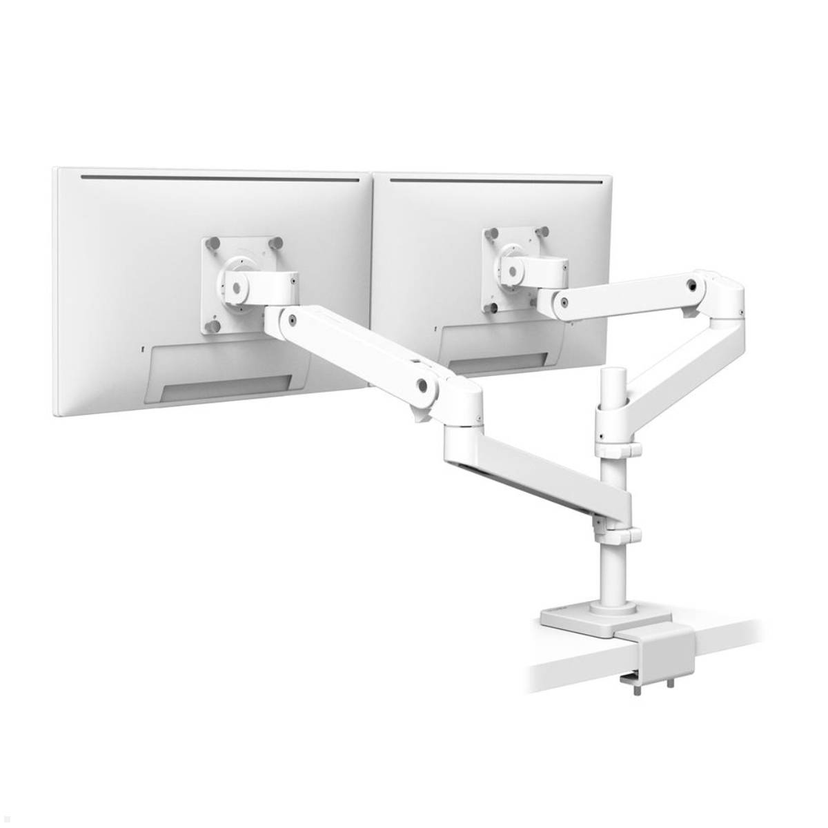 Doppelmonitore mit Schreibtischhalterung unterstützen zwei verstellbare Flachbildschirme und verbessern so die Arbeitsplatzorganisation und Ergonomie.