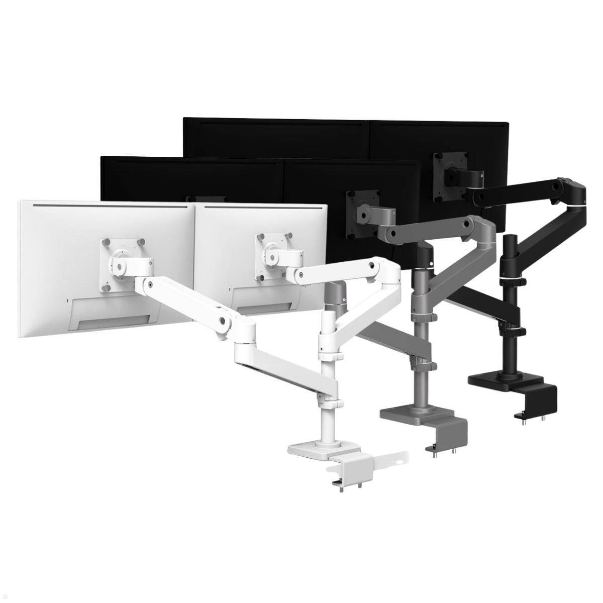 Vier verstellbare Monitorarme in Schwarz und Weiß halten Flachbildschirme und zeigen ergonomische Arbeitsplatzlösungen für Dual-Display-Setups.