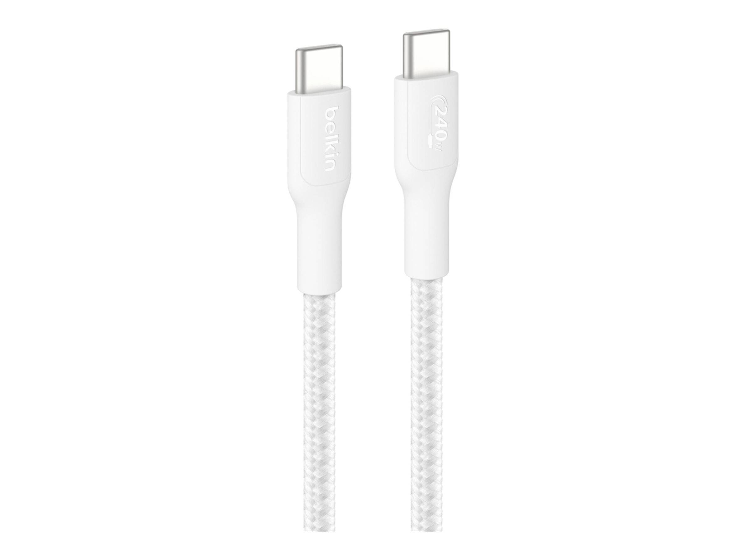 Zwei weiße geflochtene USB-C-Ladekabel mit metallischen Steckern, nebeneinander auf einem einfachen weißen Hintergrund abgebildet.