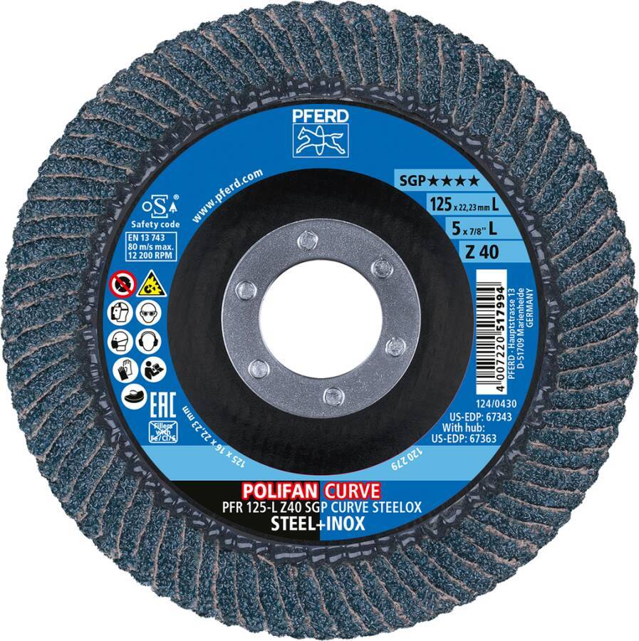 Fächerschleifscheibe POLIFAN Z SGP CURVE gewölbt 67689062 Größe L (14mm) Ø 125 mm Körnung 40 Bohrung 22,23 mm Drehzahl m