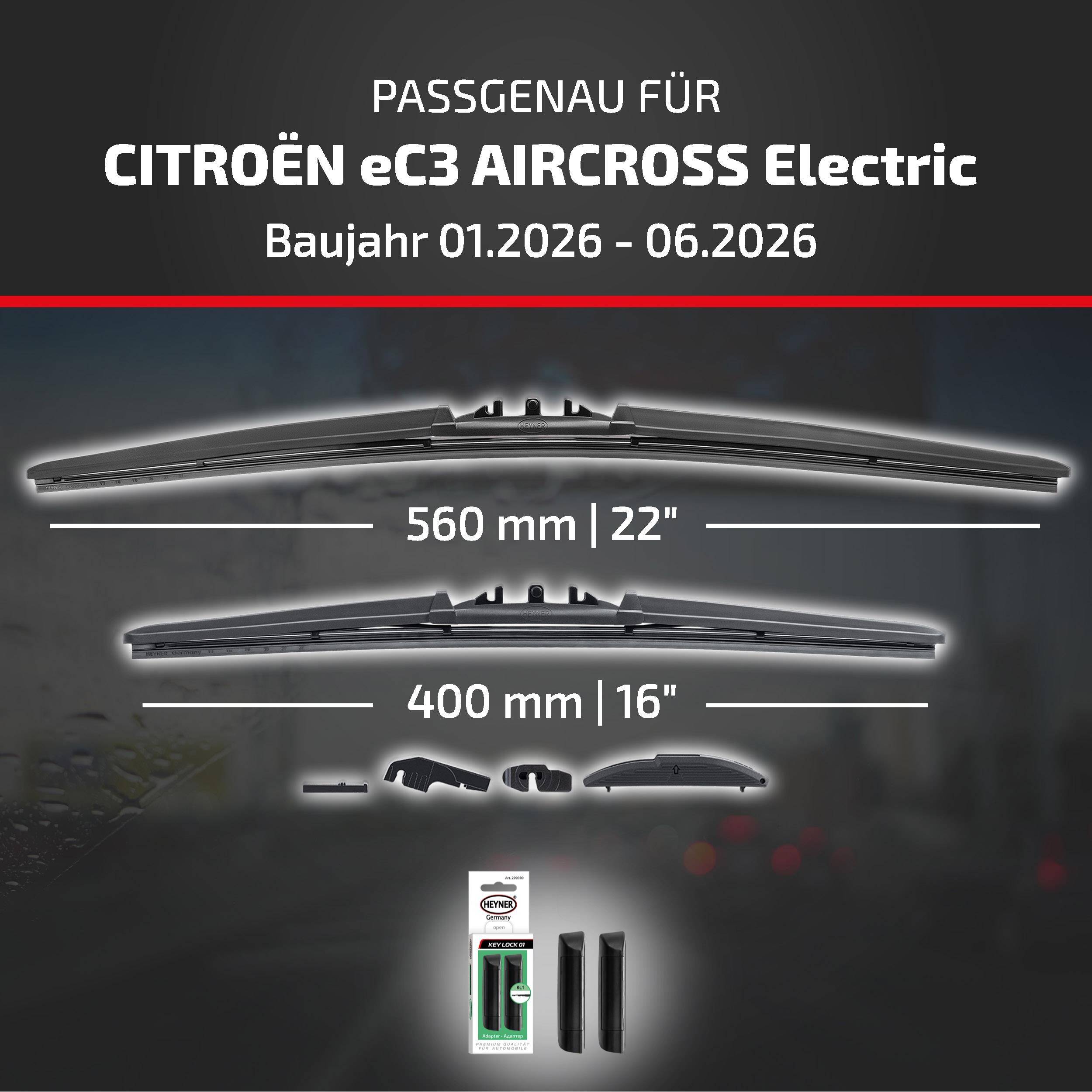 Wischblätter kompatibel mit Citroën eC3 Aircross Electric, Modelljahr 01.2026-06.2026, mit Größen 560 mm (22