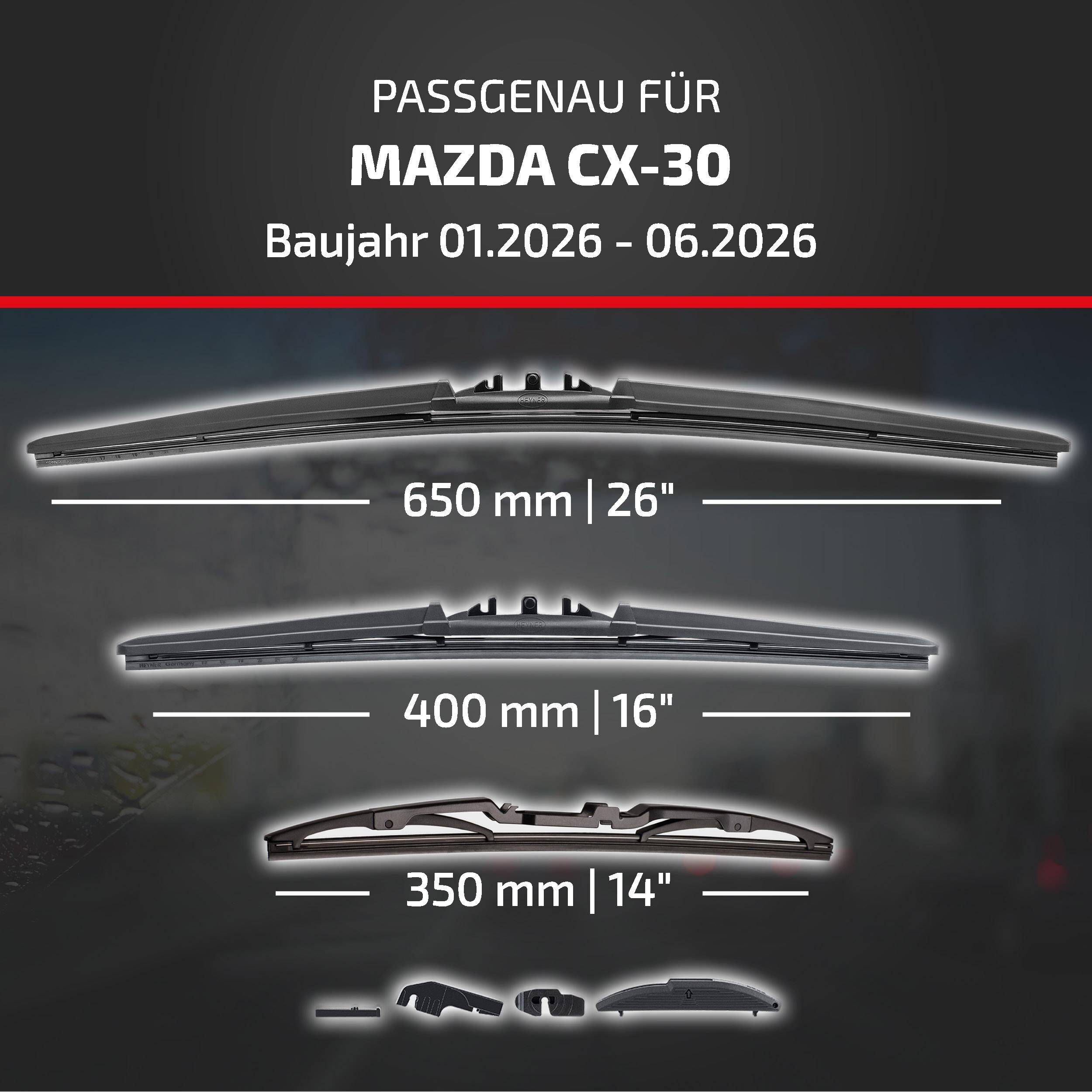 Anzeige zeigt Scheibenwischer kompatibel mit Mazda CX-30, Modelljahr 01.2026-06.2026, in den Größen 650 mm, 400 mm und 350 mm.