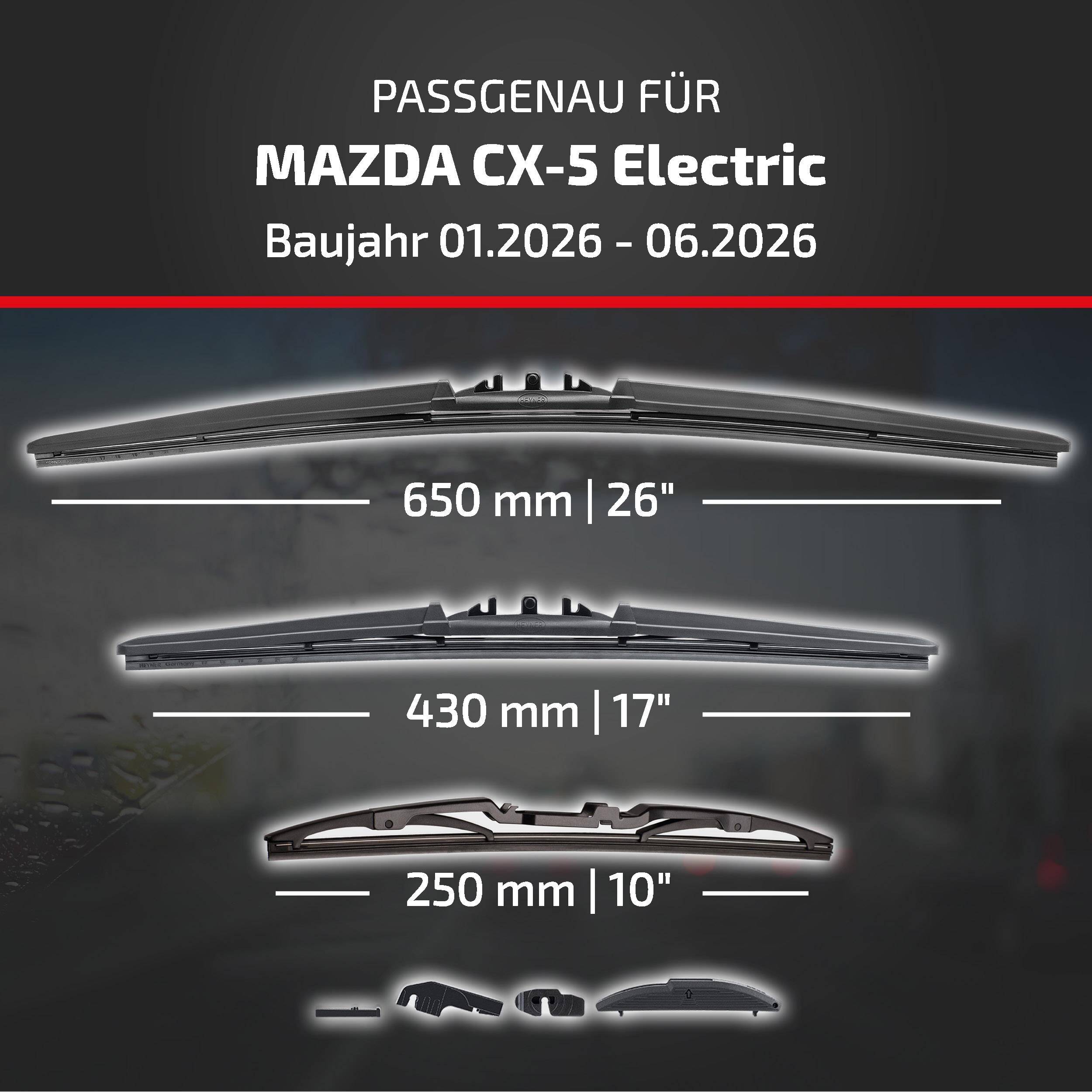 HEYNER® Scheibenwischer Komplettset für MAZDA CX-5 01.2026 - 08.2026, HYBRID Flachbalkenwischer,