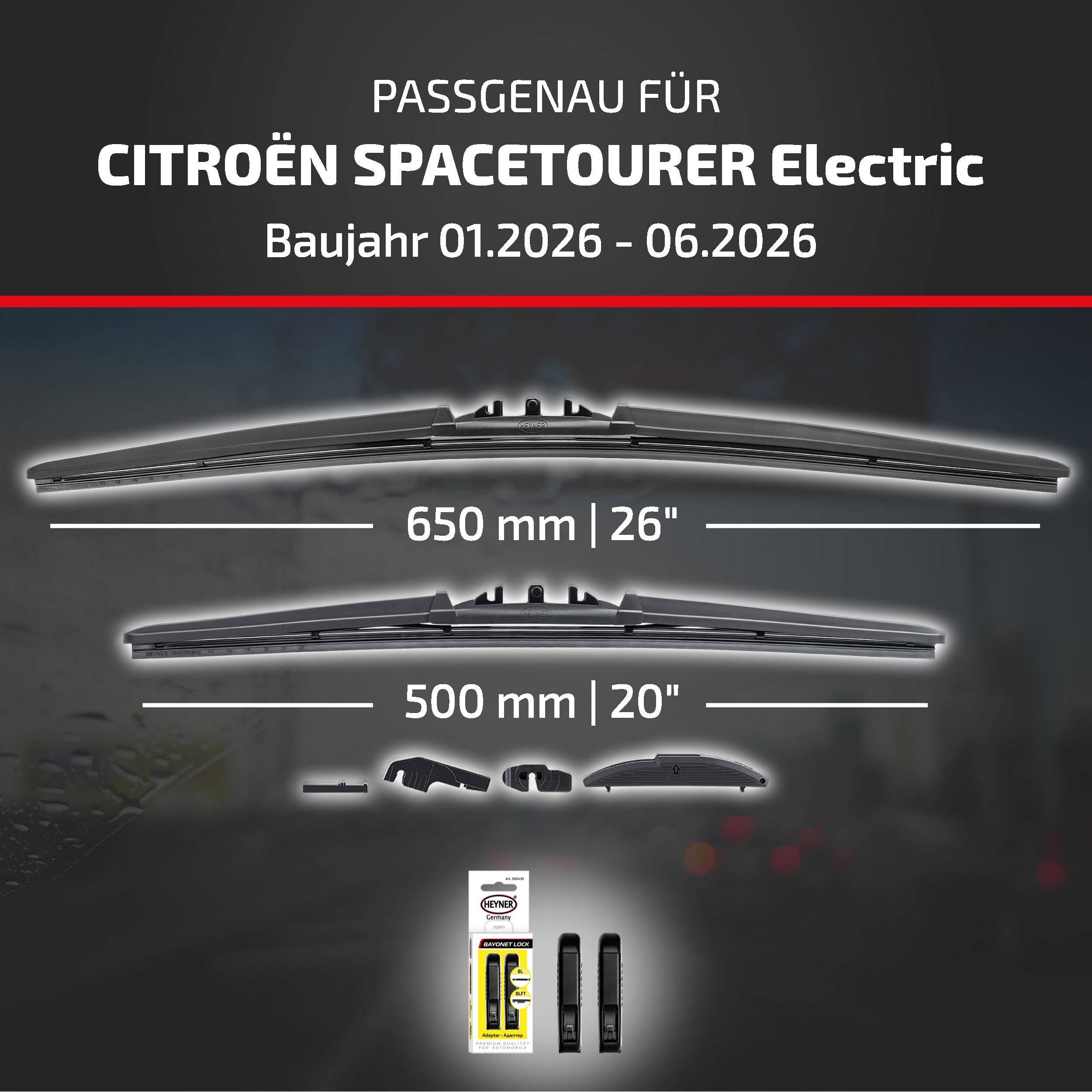 Kompatible Scheibenwischer für Citroën Spacetourer Electric, Modelljahre 01.2026-06.2026; Größen 650 mm (26