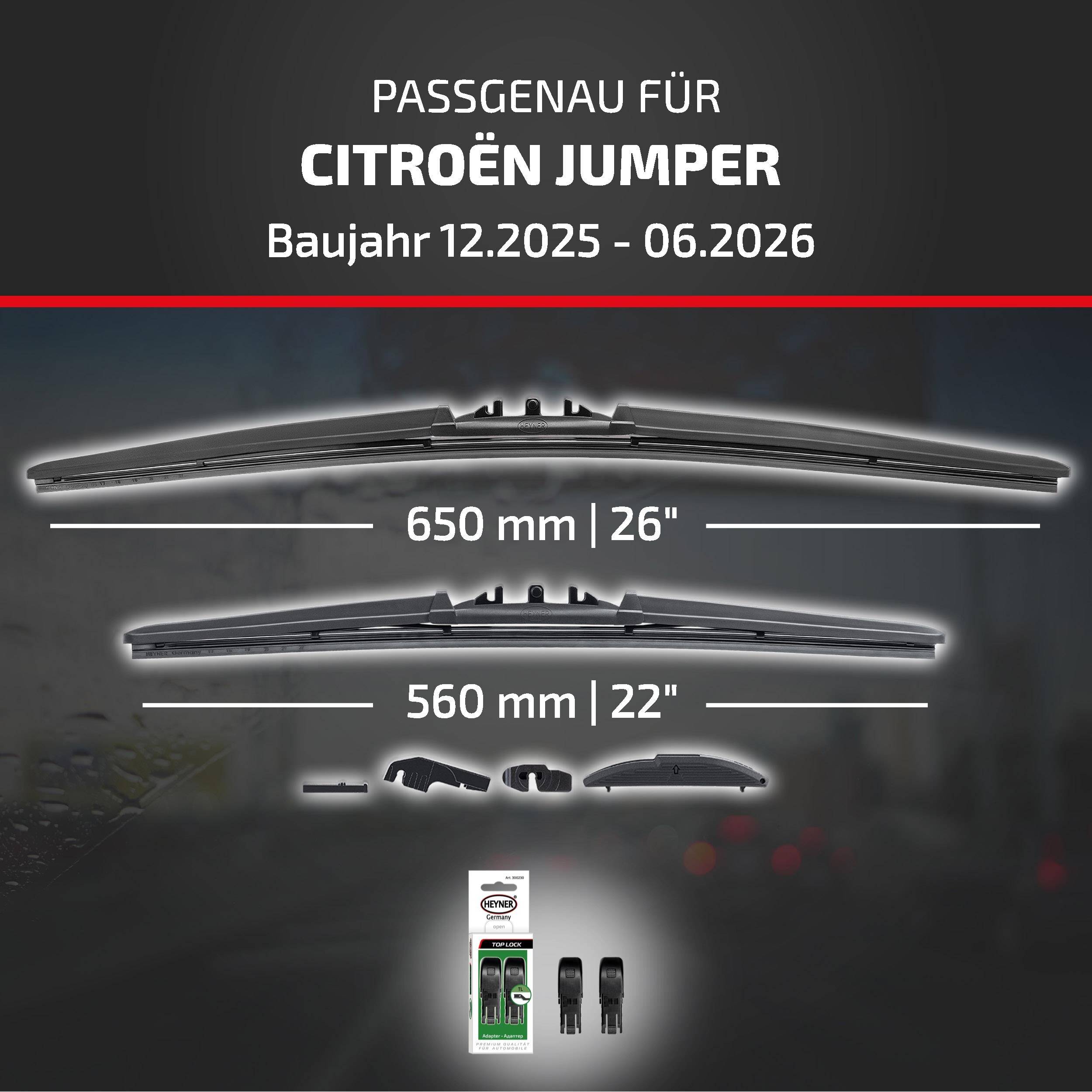Kompatibilitätsgrafik für Scheibenwischer des Citroën Jumper, Modelljahre 12/2025–06/2026, zeigt Blattgrößen von 650 mm und 560 mm mit enthaltenen Adaptern.