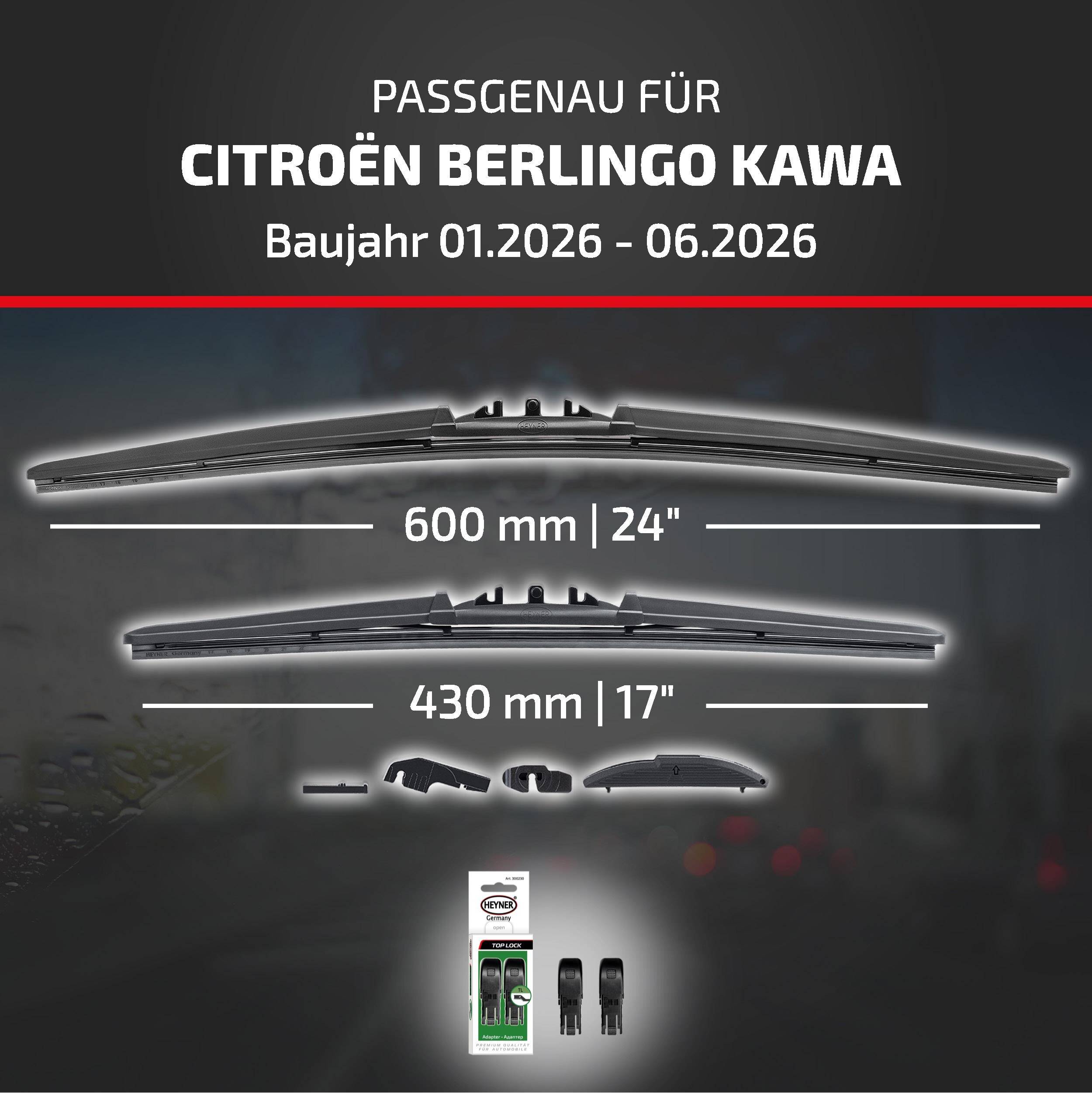 Scheibenwischer kompatibel mit Citroën Berlingo Kawa, Modelljahre 01.2026-06.2026, in den Größen 600 mm/24