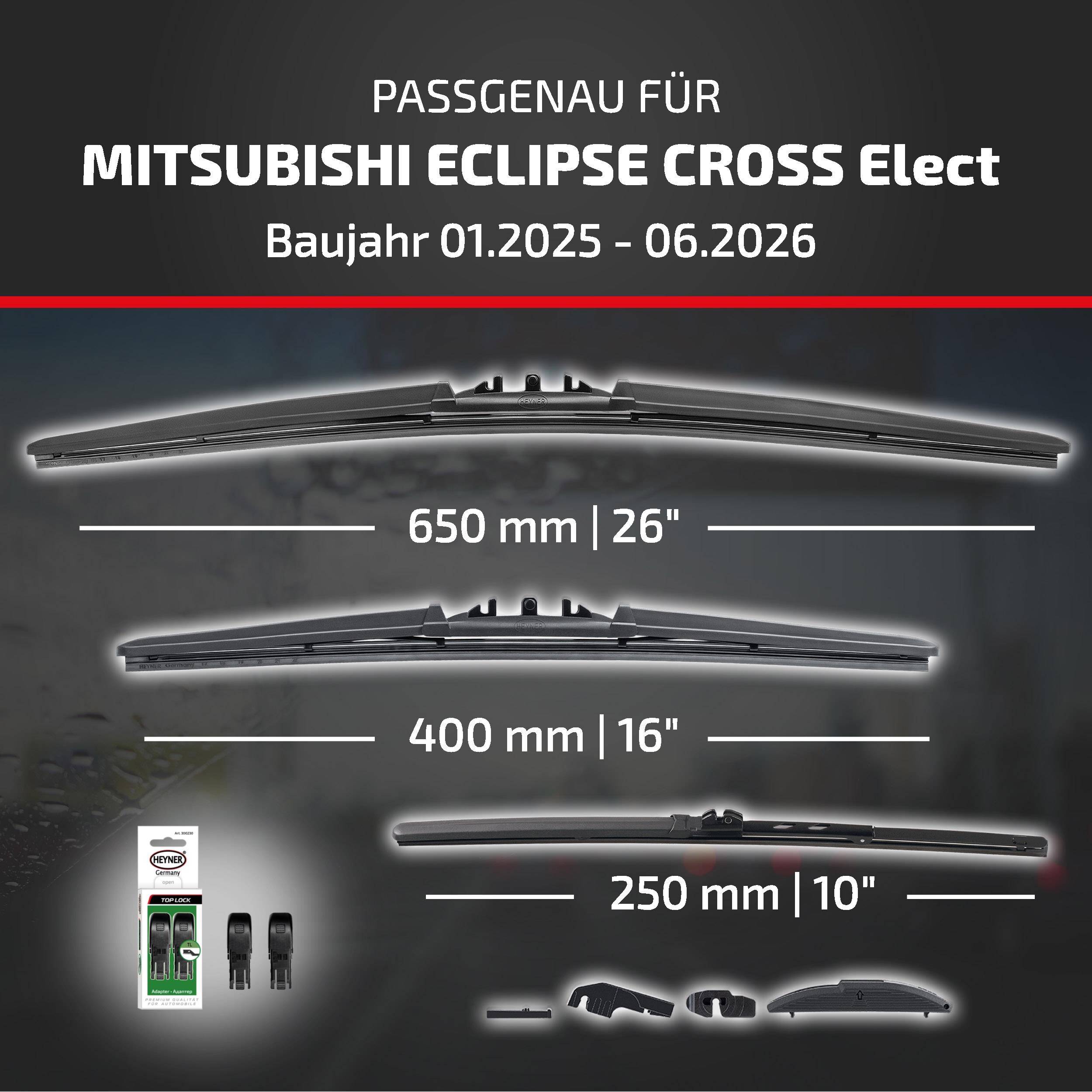 Kompatibilitätsdiagramm für Mitsubishi Eclipse Cross Electric, Modelljahre 01.2025-06.2026, mit Wischergröße: 650 mm (26