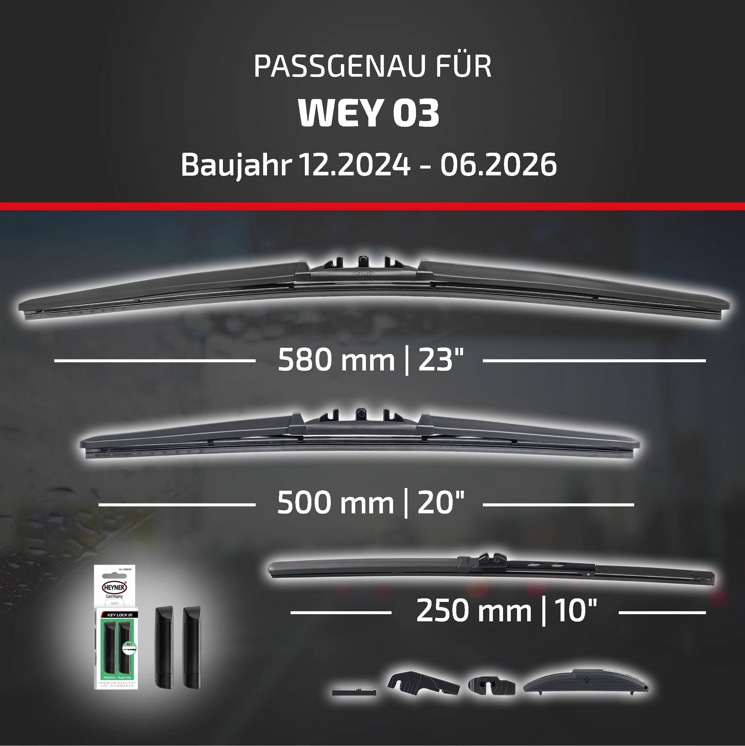 HEYNER® Scheibenwischer Komplettset für WEY 03 (12.2024 - 08.2026) HYBRID Flachbalkenwischer