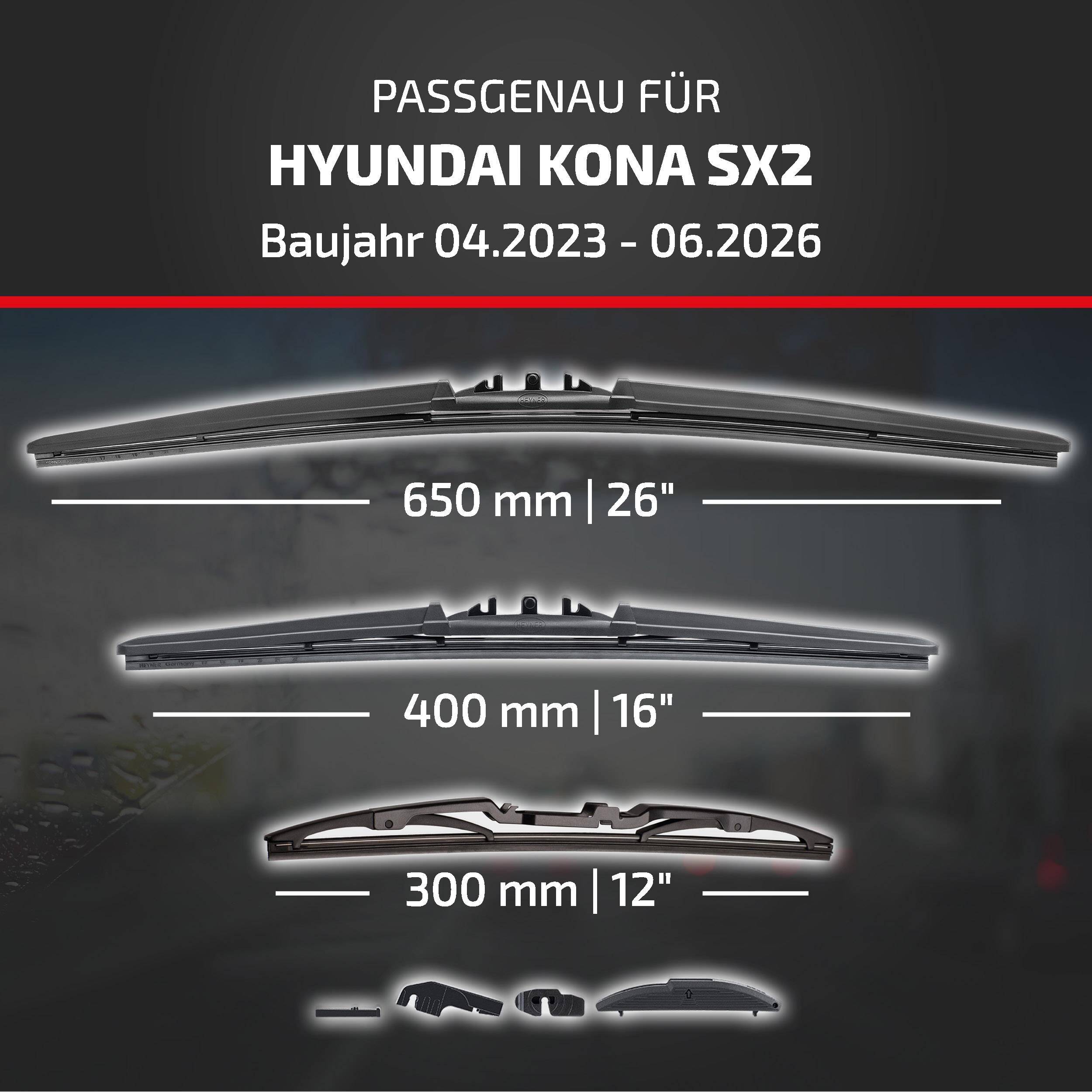 Scheibenwischer-Passführer für Hyundai Kona SX2, Modelljahre 04.2023-06.2026, mit Blattgrößen: 650 mm 26
