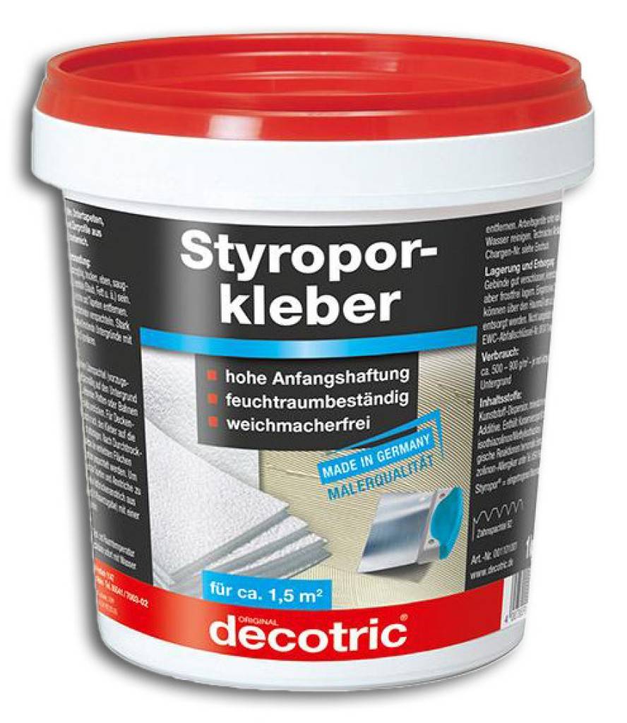 decotric Styropor- und Renoviervlies-KleberGebrauchsfertiger Dispersionskleber für Styropor und Hartschaum. Für die Verklebung von Deckenplatten, Un