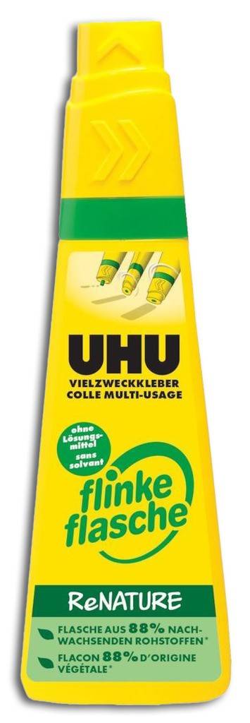 UHU VIELZWECKKLEBER flinke flasche ReNATURELösemittelfreier Vielzweckkleber aus 70 naturbasierten RohstoffenPraktischer Klebekopf für Punkt-, Strich