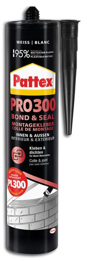 Ein Behälter PRO300 Bond & Seal, gekennzeichnet für Innen- und Außenverwendung. Der Text hebt die Verwendung zum Kleben und Abdichten mehrerer Materialien hervor.