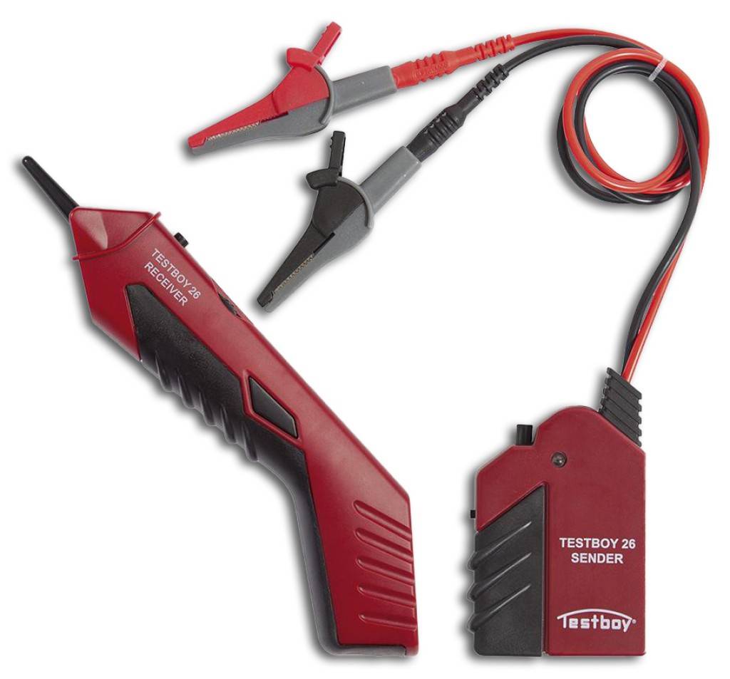 Leitungssucher-Set Testboy 26Fremdspannungsgeschützter Leitungssucher mit LED-TaschenlampeDurch Umschalten kann der Sender einen kontinuierlichen