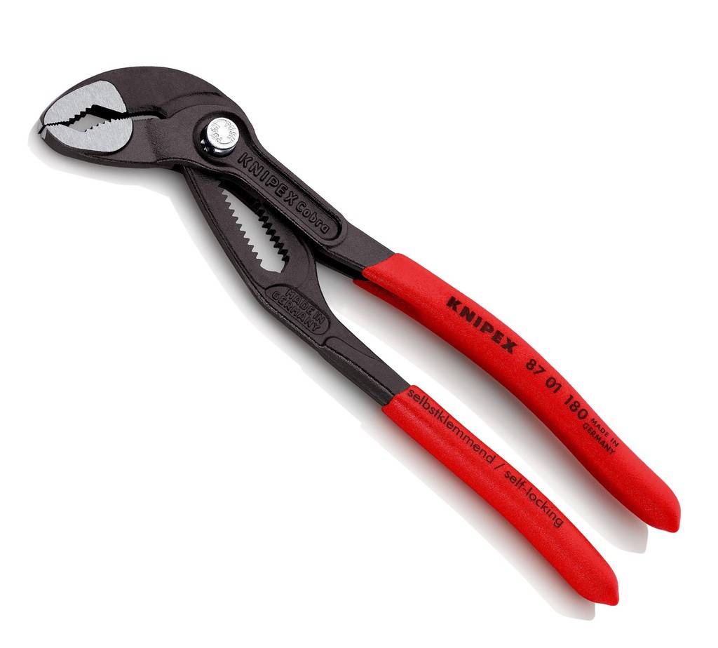 87 01 300 KNIPEX CobraEinstellung per Knopfdruck direkt am Werkstück. Feinverstellung für optimale Anpassung an verschiedene Werkstückgrößen und