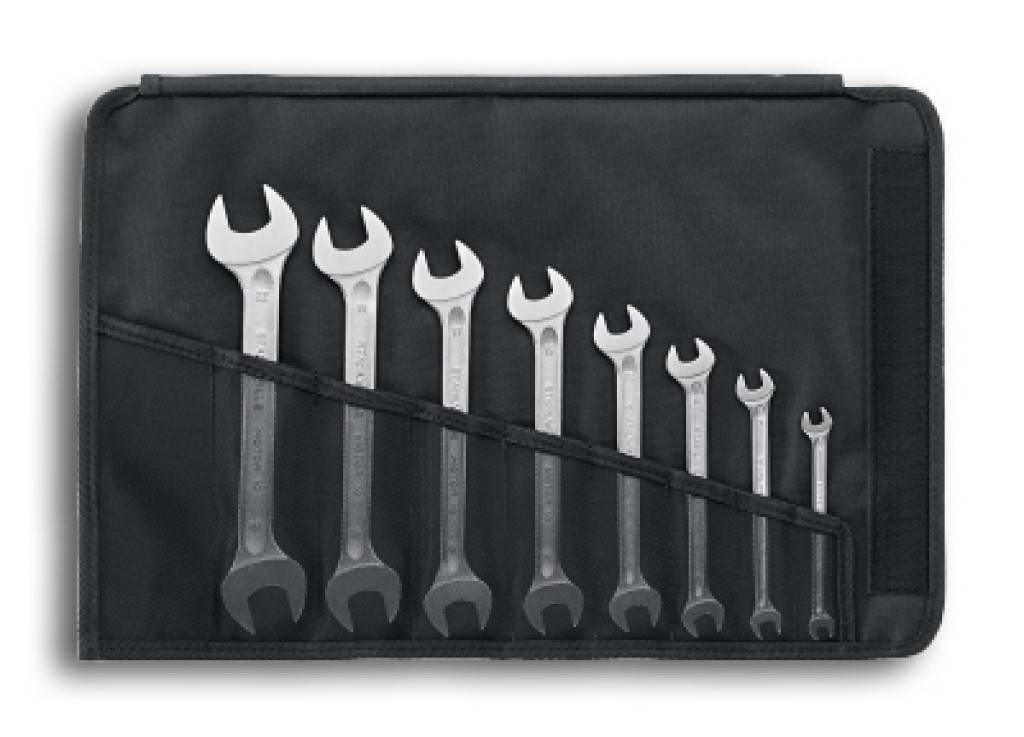 Produktbeschreibung Schraubenschlüssel mit metrischen, ungleichen Schlüsselweiten in Rolltasche gerade Ausführung, Maulstellung 15 stabile