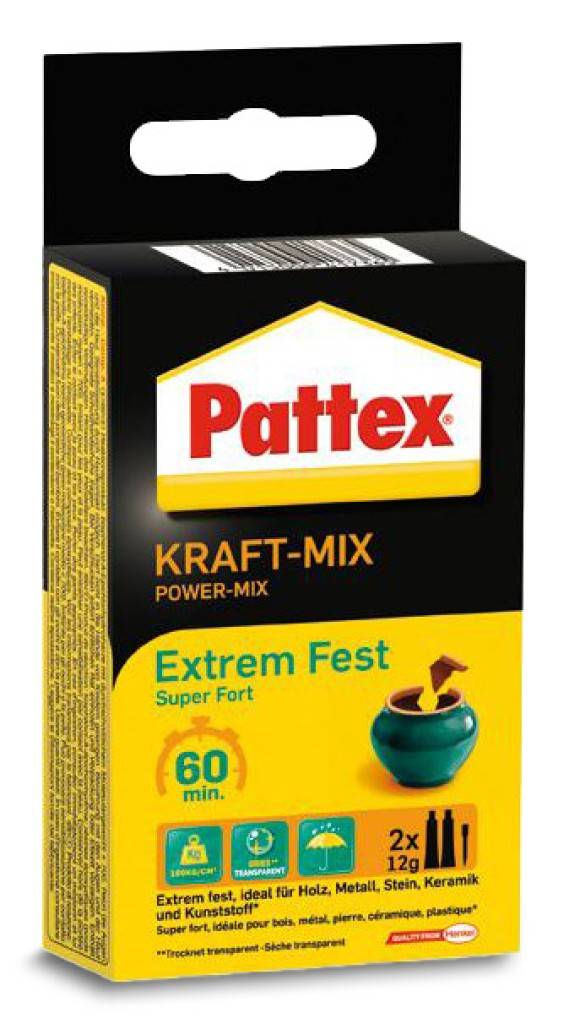 Pattex Kraft Mix Extrem FestProduktbeschreibung 2-Komponenten-Epoxidharz für besonders starke und anspruchsvolle Verklebungen Geeignet für Por
