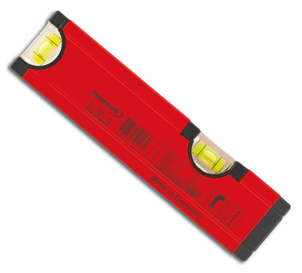 Magnet-WasserwaageAusführungAus rot eloxiertem und dickwandigem Aluminium. Mit einer Horizontal- und einer Vertikallibelle, durch Lupeneffekt auch