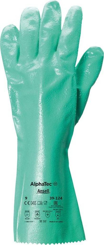 Chemikalienschutzhandschuh AlphaTec 39-124Zulassung/NormEN 3882003, EN 4072020, EN ISO 374-12016 Typ B JKT, EN ISO 374-52016Eigenschaften Extrem ro