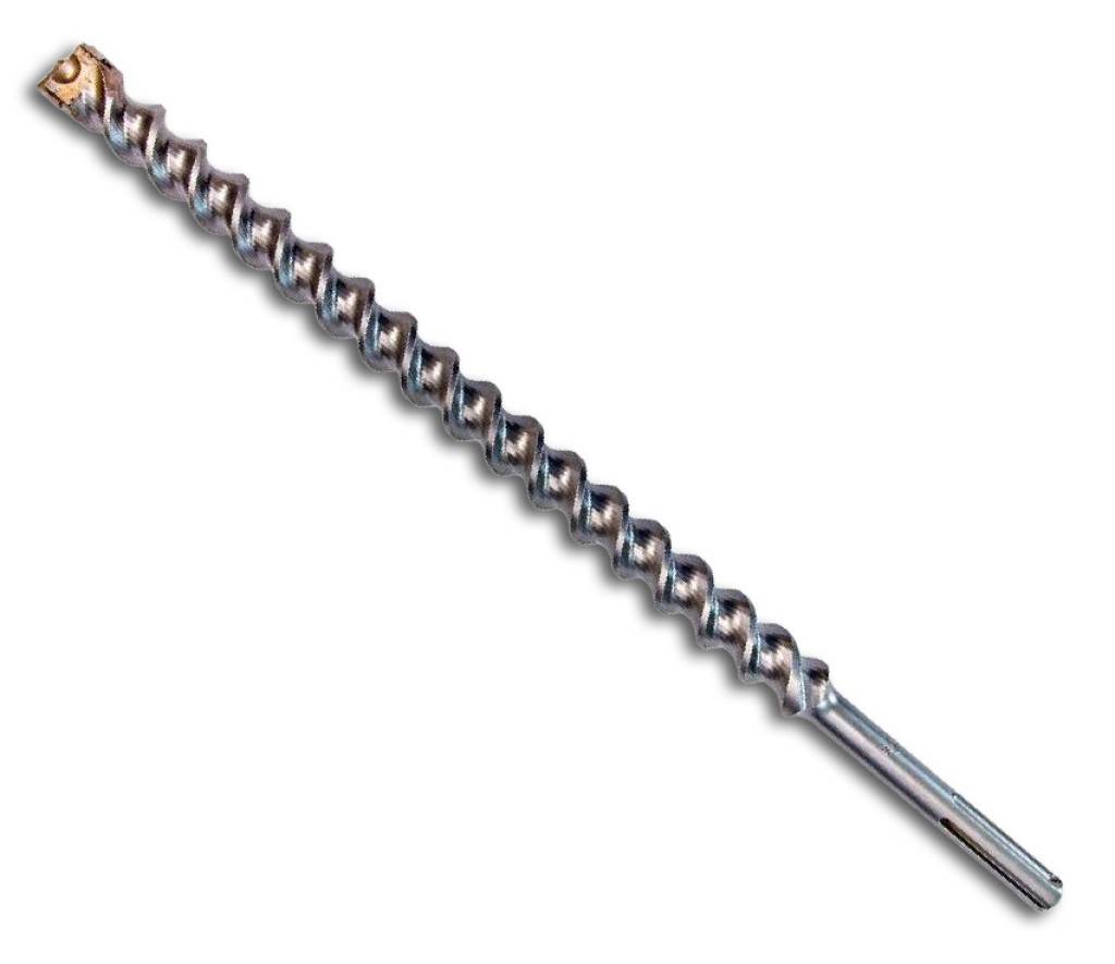 Ein Metallbohrbit mit einem diagonal positionierten Spiralnuttenmuster. Die Spitze ist leicht abgenutzt und zeigt Gebrauchsspuren. Weißer Hintergrund.