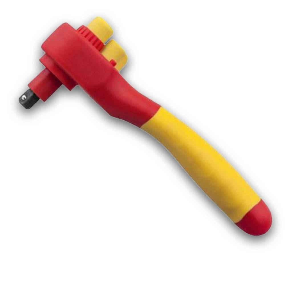 VDE-Umschaltknarre 1/4"7209NRWAusführung Isolierte Umschaltknarre aus Chrom-Vanadium-Stahl, mit kompaktem, ovalem Kopf und Kugelarretierung. Der