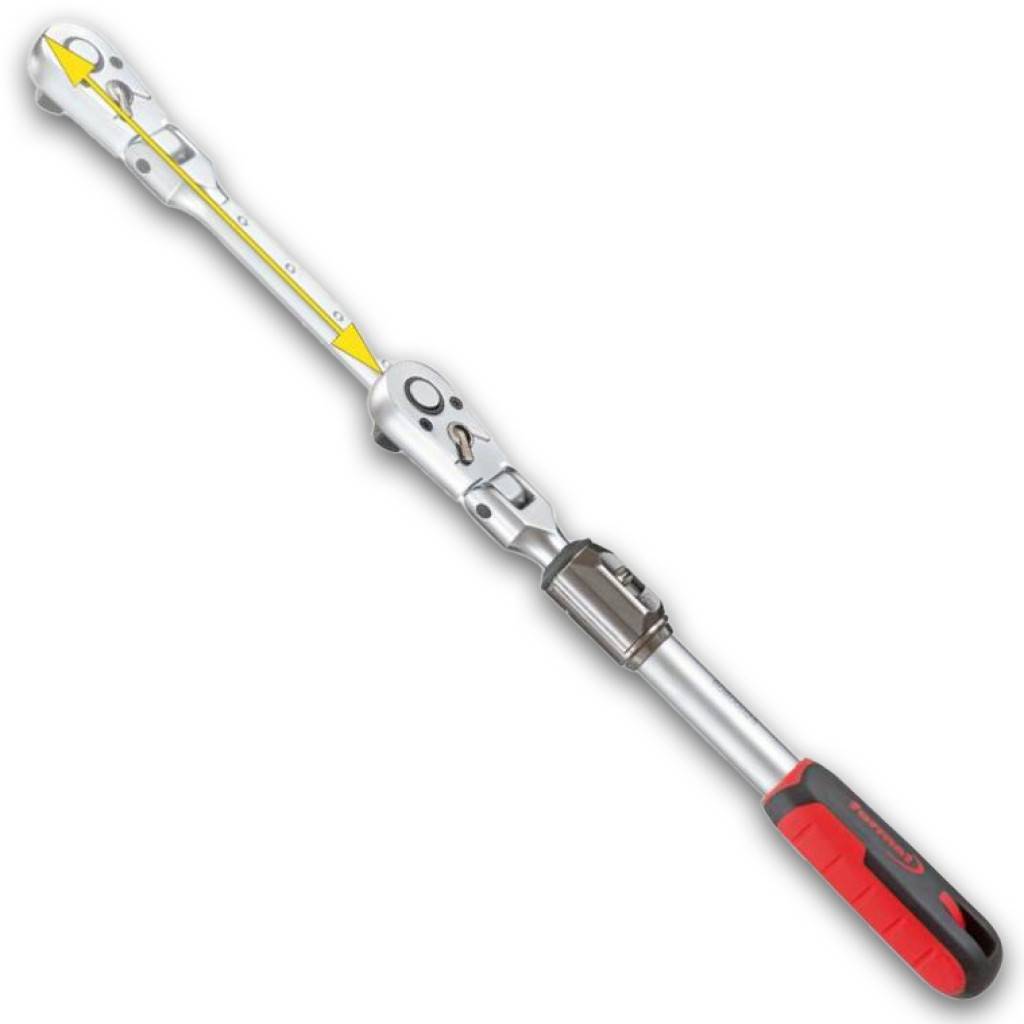 Umschaltknarre 1/2", ausziehbarAusführung Aus Chrom-Vanadium-Stahl. Geringer Kraftaufwand durch längeren Hebel, einfache Fixierung, in 5 Stufen, mit