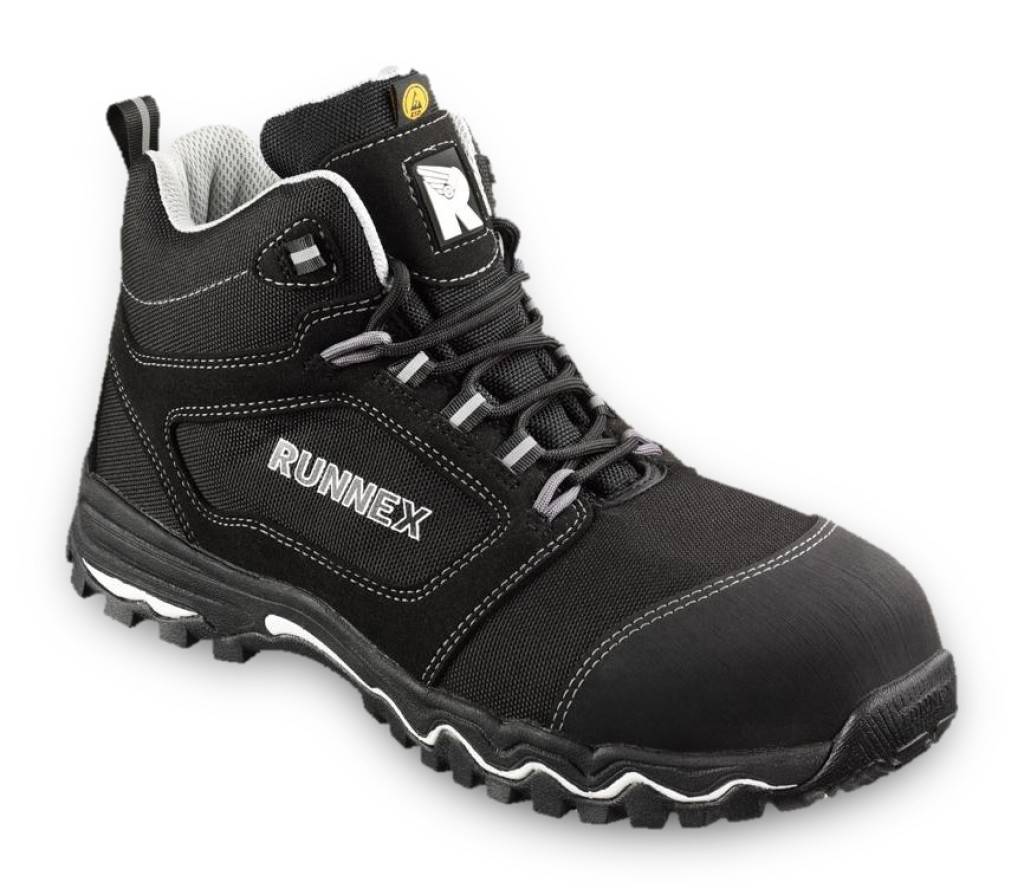 Schwarzer RUNNEX Sicherheitsstiefel mit robuster Sohle, weißer Naht und gepolsterter Knöchelstütze, entwickelt für Langlebigkeit und Komfort.
