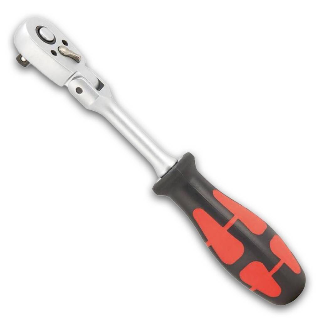 Umschaltknarre mit Gelenk 1/4"Ausführung DIN 3122 D 6,3 ISO 3315, mit Kugelarretierung. Aus Chrom-Vanadium-Stahl, matt verchromt. Mit kleinem Kopf