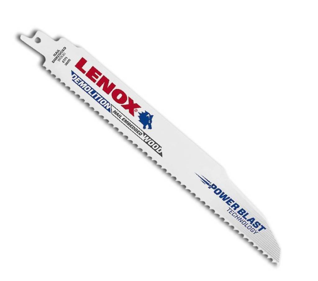 Ein weißes Sägeblatt für Elektro-Sägen mit der Aufschrift „LENOX DEMOLITION WOOD