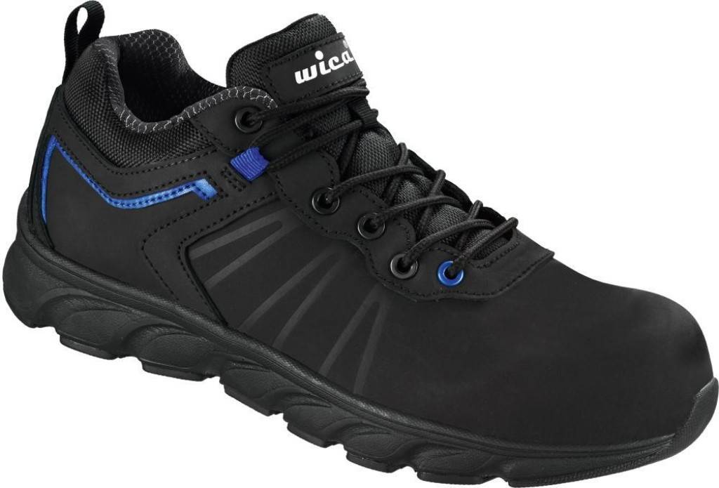 Ein schwarzer Sportschuh mit blauen Akzenten und 
