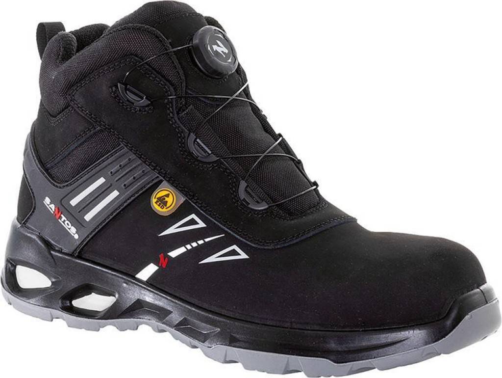 Ein schwarzer Wanderstiefel mit verstellbaren Schnürsenkeln und robuster Sohle, konzipiert für Outdoor-Aktivitäten. Verfügt über strapazierfähiges Material und verstärkter Zehenbereich.