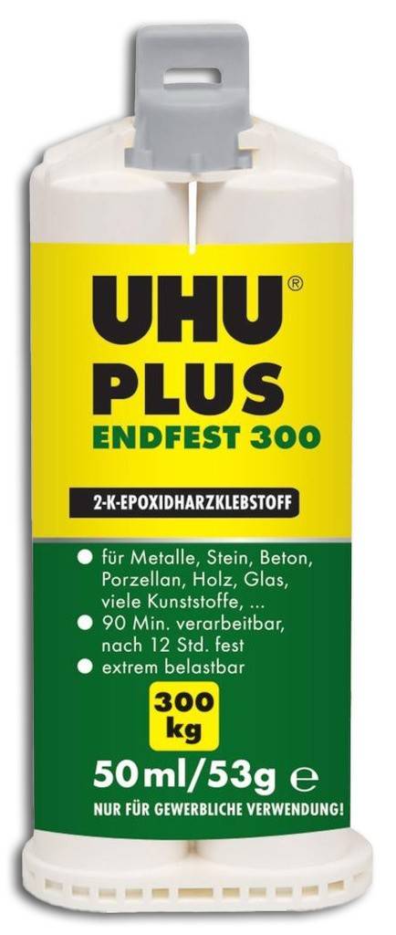 UHU PLUS ENDFEST 300Produktbeschreibung Zwei-Komponenten-Klebstoff auf Epoxidharz-Basis Lösungsmittelfrei Die Klebeverbindung ist schlagfest