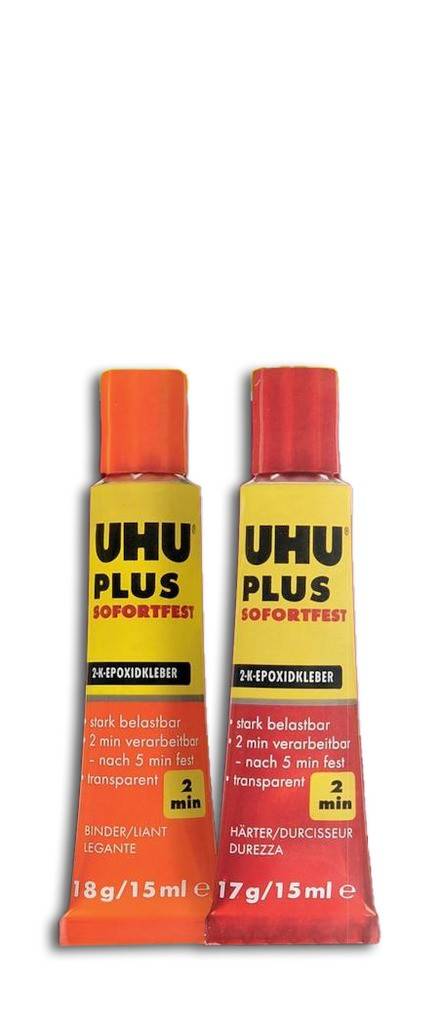UHU PLUS SOFORTFEST Lösungsmittelfreier 2K-Klebstoff auf Epoxidharz-Basis Härtet transparent aus Schlagfest, alterungs- und feuchtigkeitsbe