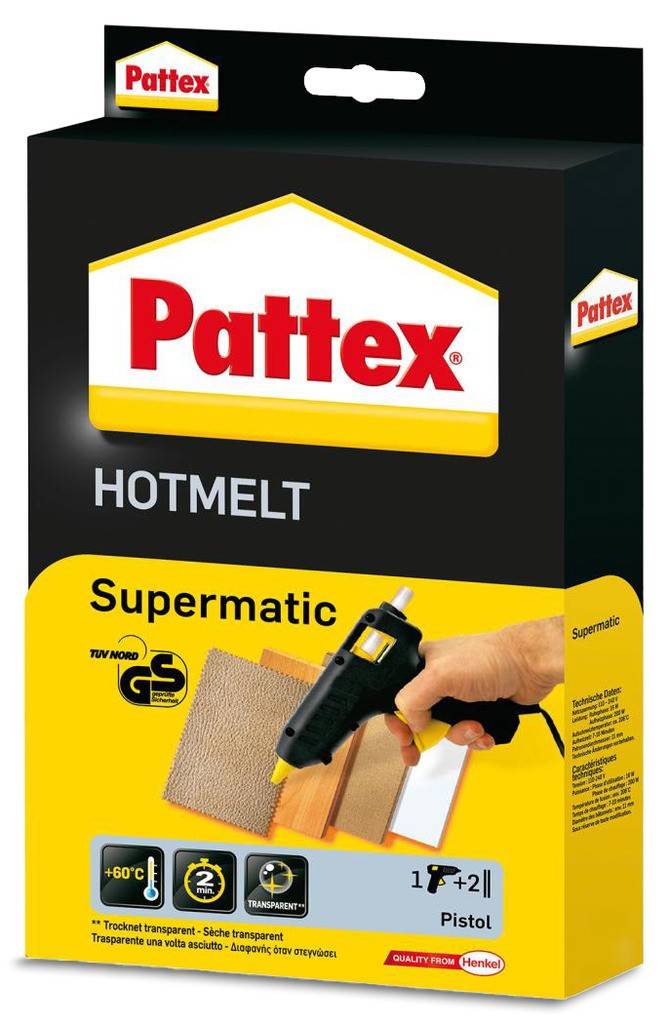 Pattex Pistole SupermaticSet bestehend aus 1 Heißklebepistole und 2 SticksGeringer Stromverbrauch durch elektronische Temperatursteuerung mit