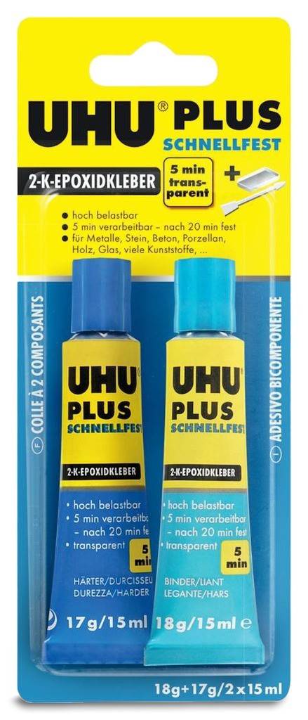 UHU PLUS SCHNELLFESTProduktmerkmale Leistungsstarker Zweikomponenten-Epoxidharzklebstoff Trocknet transparent Schlagfest, alterungs- und temp