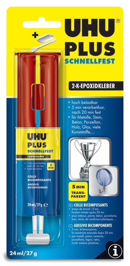 UHU PLUS SCHNELLFEST Doppelkammer-SpritzeProduktmerkmale Leistungsstarker Zweikomponenten-Epoxidharzklebstoff Für schnelle und belastbare Klebu