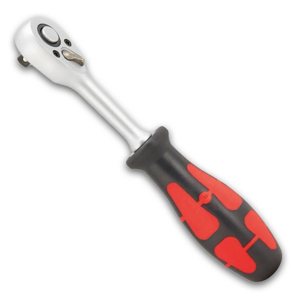 Umschaltknarre 1/4", 72-fach verzahntAusführung DIN 3122 D 6,3 ISO 3315, mit Kugelarretierung und Umschalthebel.Aus Chrom-Vanadium-Stahl, matt verch