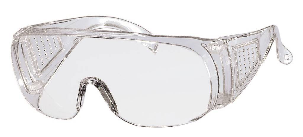 Panorama-BrillePanorama-Brille aus farblosem Kunststoff. Leichte Ausführung mit integriertem Seitenschutz, auch zum Tragen bei Korrektionsbrillen