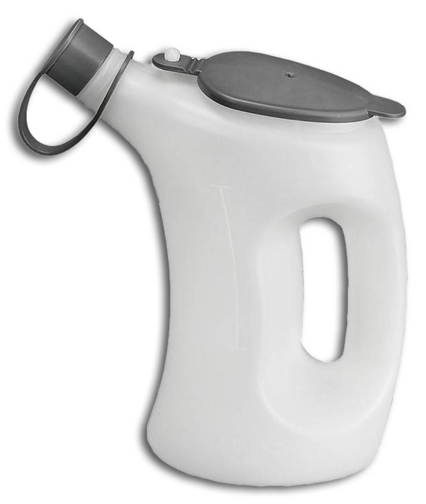 Messbecher, KunststoffAusführungBehälter aus Polyethylen HDPE hoher Dichte, mit Deckel, Auslauf in Trichterform und Maßeinteilung. Lebensmittelecht