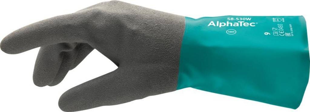 Chemikalienschutzhandschuh AlphaTec 58-530WZulassung/Norm EN 3882003, EN 3882016, EN ISO 374-12016 Type A, EN ISO 374-52016, EN 4202003 A12009, EN