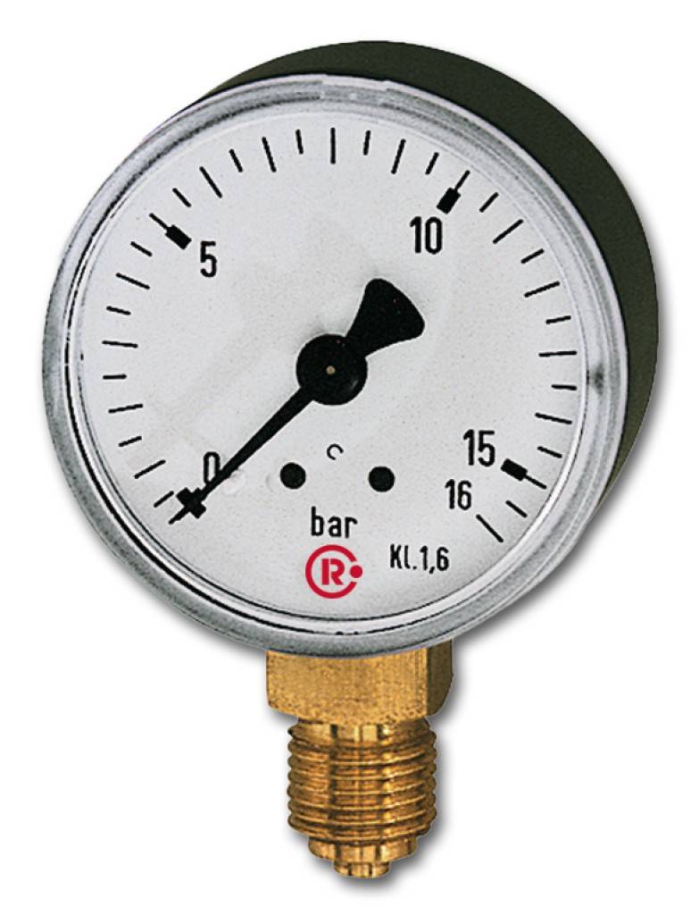 ProduktbeschreibungStandardmano. mit Kunststoffgeh., Einfachskala in bar, Anschluss radial unten, G 1/4, Güteklasse 1,6, Messber. 0 - 10,0 bar, Ø 63