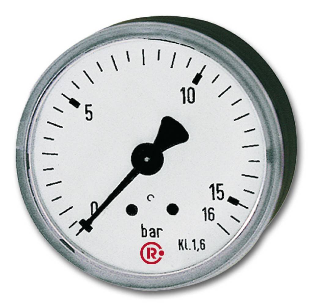 ProduktbeschreibungStandardmano., Kunststoffgeh., Einfachskala in bar, Anschluss hinten zentrisch, G 1/4, Güteklasse 1,6, Messber. 0 - 4,0 bar, Ø 50