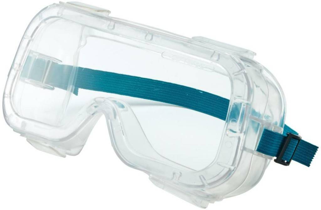 Transparente Schutzbrille mit türkisfarbenem Elastikband, das Augenschutz für Labor- oder Industrieanwendungen bietet.