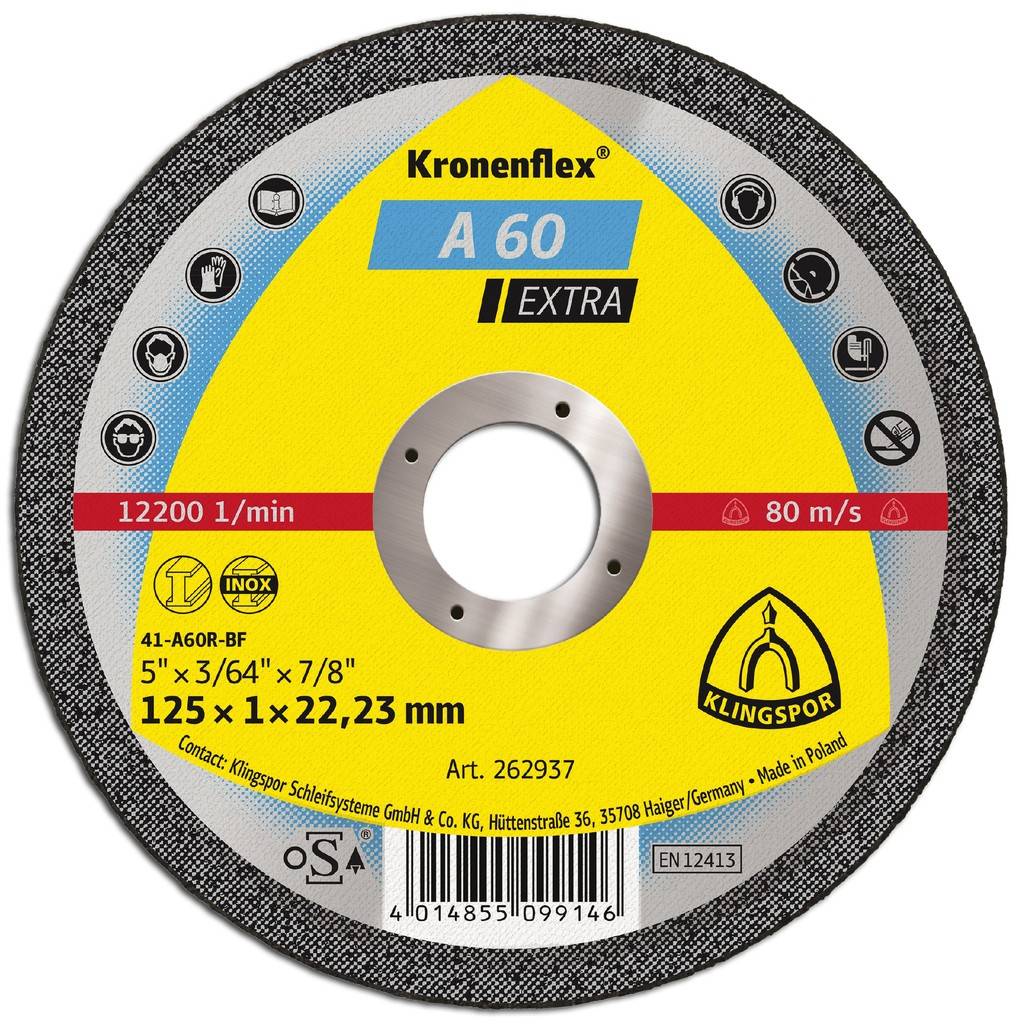 A 60 EX Trennscheiben, 125 x 1 x 22,23 mm geradeMit ihrer geringen Dicke von 1,0 mm ist die A 60 Extra ideal zum freihändigen Trennen von Blechen,