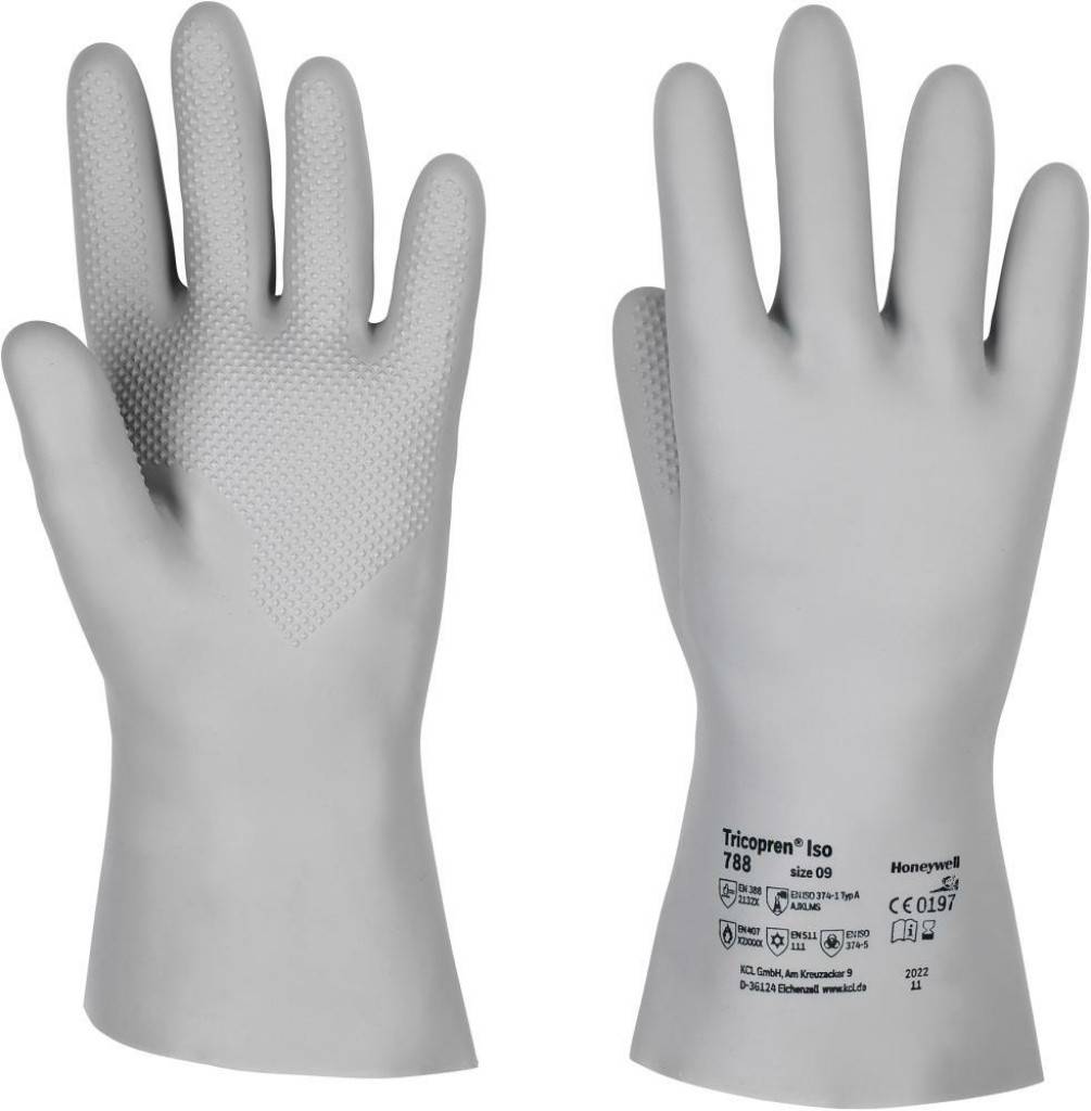 Chemikalienschutzhandschuh Tricopren ISO 788Zulassung/NormEN 388, EN ISO 374-1 Typ A - AJKLMTEigenschaften Einsetzbar bei chemischen und petrochemi