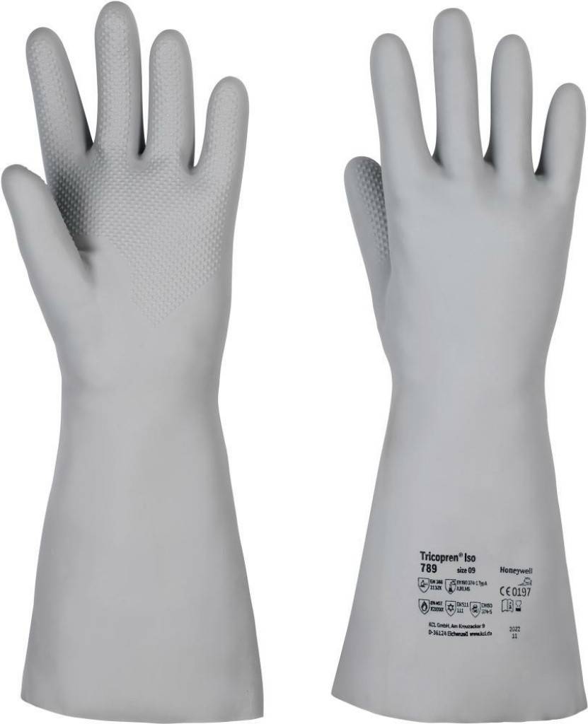 Chemikalienschutzhandschuh Tricopren ISO 788Zulassung/NormEN 388, EN ISO 374-1 Typ A - AJKLMTEigenschaften Einsetzbar bei chemischen und petrochemi