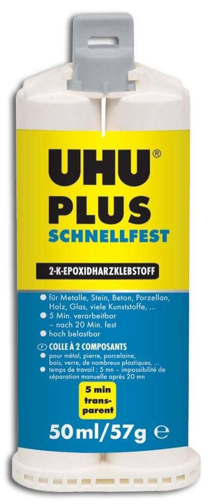 UHU PLUS SCHNELLFEST Doppelkammer-KartuscheProduktmerkmale Lösungsmittelfreier 2-Komponenten-Epoxidharzkleber Härtet transparent aus Klebun
