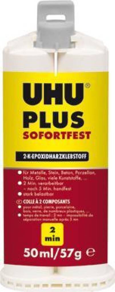 UHU PLUS SOFORTFESTProduktbeschreibung Lösungsmittelfreier 2K-Klebstoff auf Epoxidharz-Basis Für schnelle Klebungen auf kleinen Flächen H