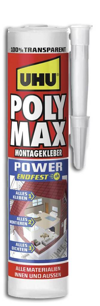 UHU POLY MAX GLASKLAR EXPRESSSehr hohe EndfestigkeitWasserfest und witterungsbeständigÜberstreichbarSchrumpfrei, spaltüberbrückendLösemittelfrei,