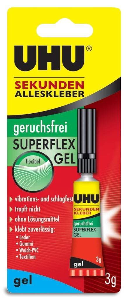 UHU SEKUNDEN ALLESKLEBER geruchsfrei SUPERFLEX GELGeruchsfreier Sekunden Alleskleber, ohne stechende DämpfeAuf Grund seiner flexiblen Eigenschaften